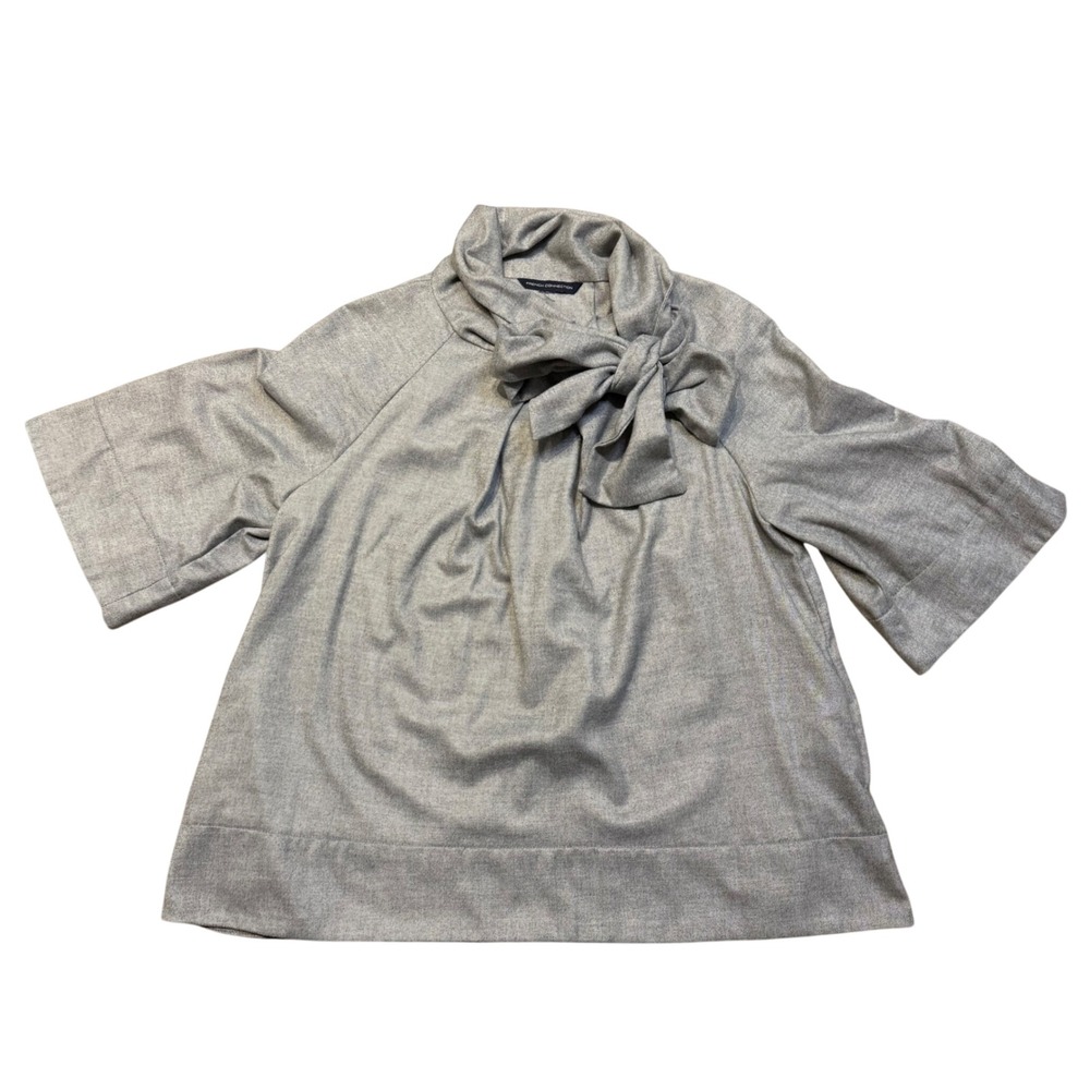 FRENCH CONNECTION Gray Bow Neck 3/4 Sleeve Blouse Top Women's Size 8-10